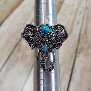 Elephant Adjustable Silver Turquoise Ring